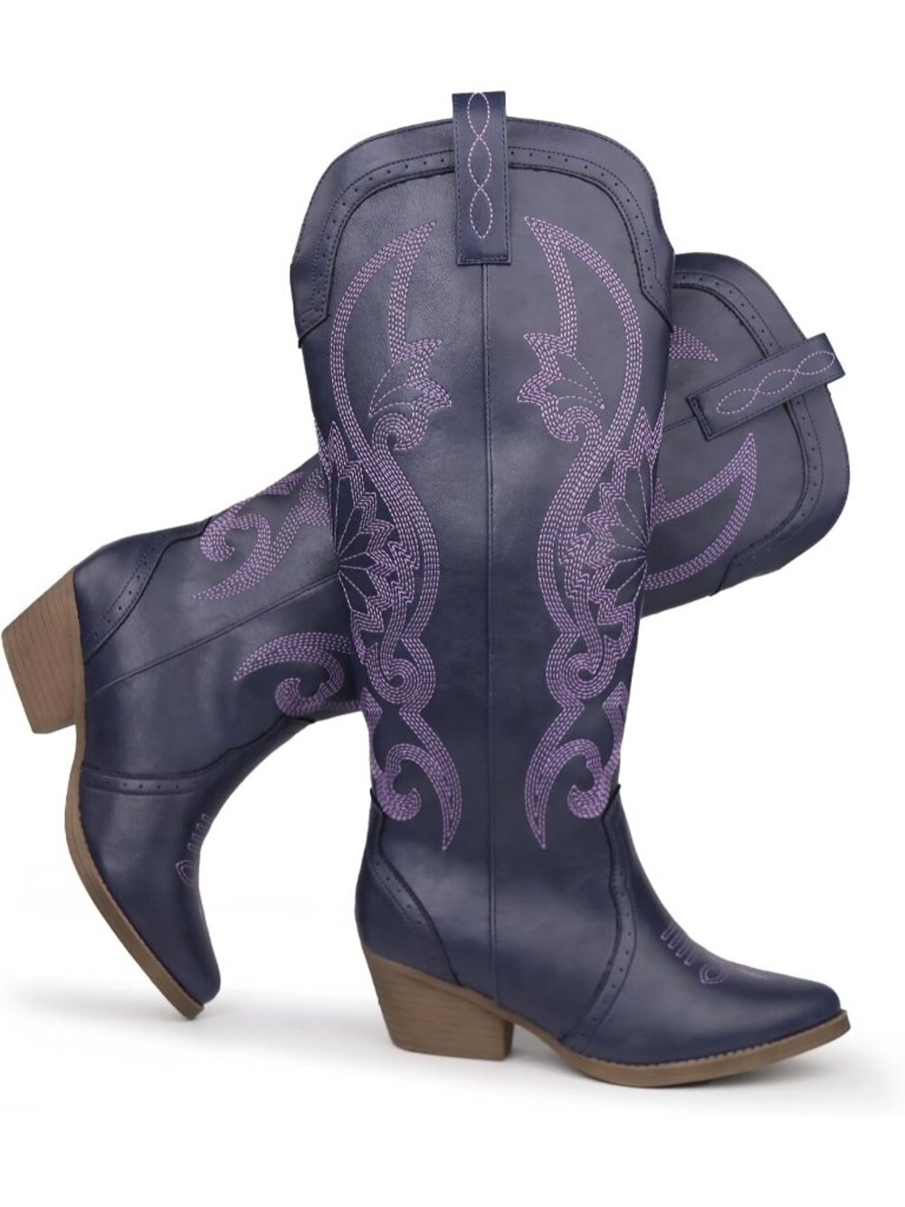 Women’s Purple Knee High Cowboy Boots Pointed Toe Embroidered Block Heel